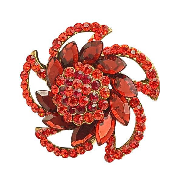 Red Rhinestone Brooch Two Tone Flower Pinwheel Pin Vintage Y2K Gold Tone - Picture 1 of 6